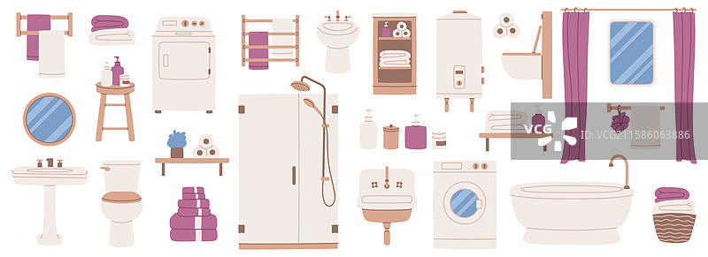 手绘平面浴室的集合图片素材