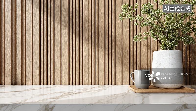 【AI数字艺术】木质墙面与大理石台的现代室内设计图片素材
