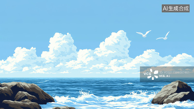 【AI数字艺术】海浪拍打岩石，蓝天白云相伴图片素材