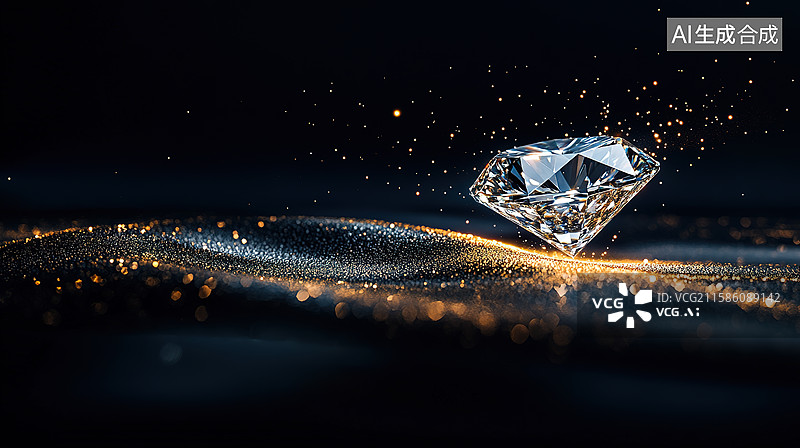 【AI数字艺术】黑色背景下发光的钻石和泛起的涟漪图片素材