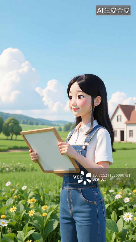 【AI数字艺术】田野中手持写字板的年轻女子图片素材