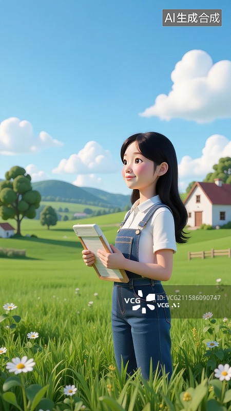 【AI数字艺术】田野中手持写字板的年轻女子图片素材