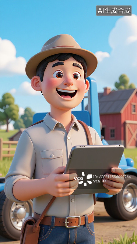 【AI数字艺术】戴帽子的年轻人在农场货车旁使用平板电脑图片素材
