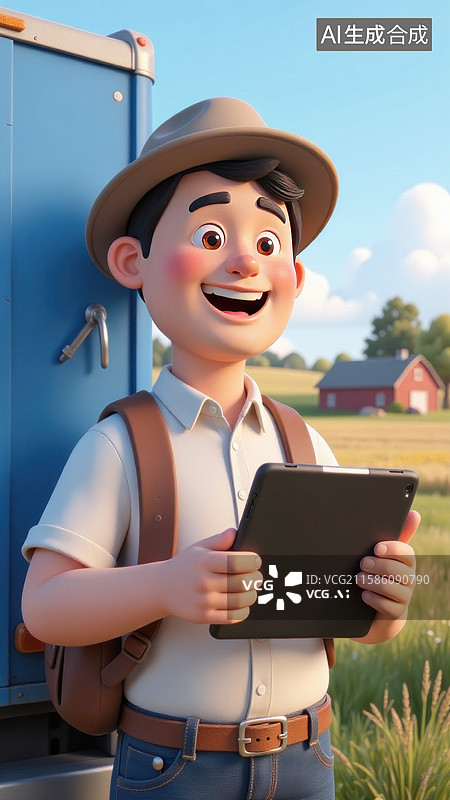 【AI数字艺术】戴帽子的年轻人在农场货车旁使用平板电脑图片素材