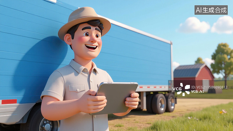 【AI数字艺术】戴帽子的年轻人在农场货车旁使用平板电脑图片素材