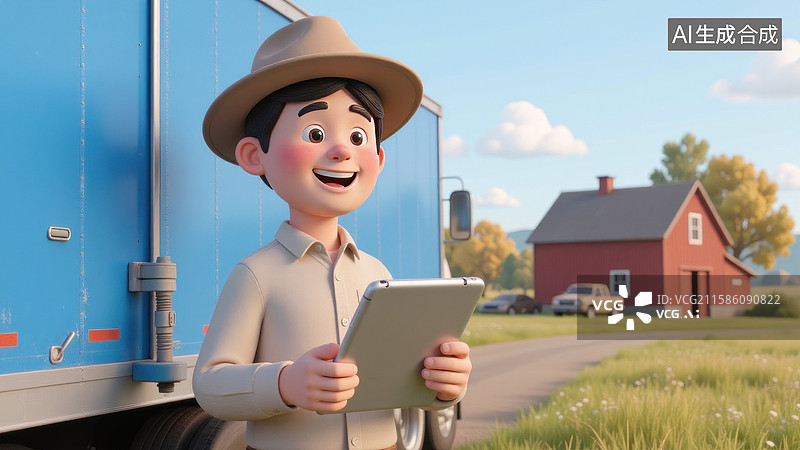 【AI数字艺术】戴帽子的年轻人在农场货车旁使用平板电脑图片素材