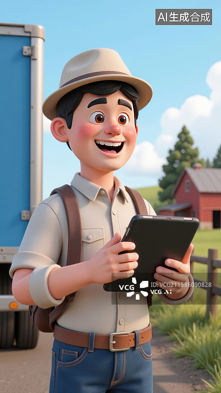 【AI数字艺术】戴帽子的年轻人在农场货车旁使用平板电脑图片素材