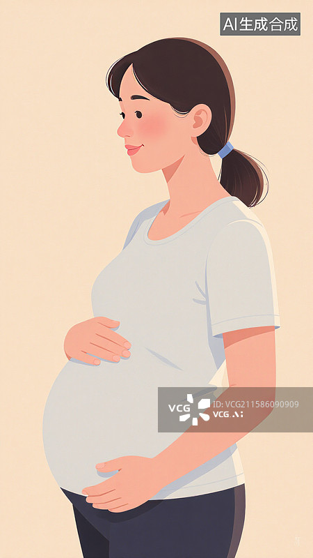 【AI数字艺术】孕妇侧身双手轻抚腹部的侧视图图片素材