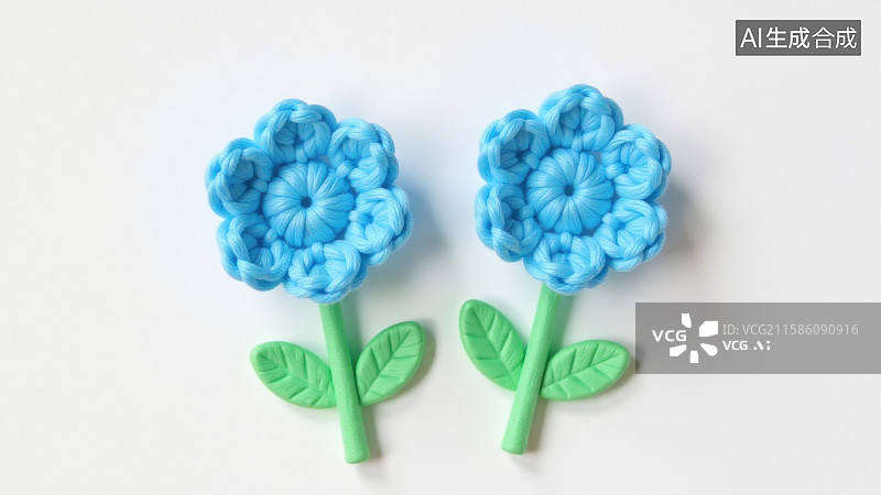 【AI数字艺术】两朵蓝色手工钩针花朵配绿色花茎和叶子图片素材