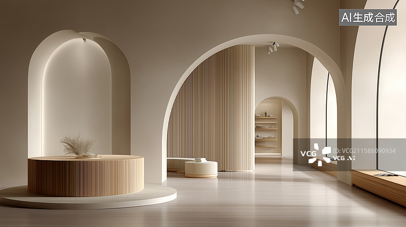【AI数字艺术】米色极简拱形展厅图片素材