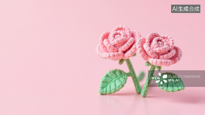 【AI数字艺术】粉色背景上的手工钩针玫瑰花图片素材