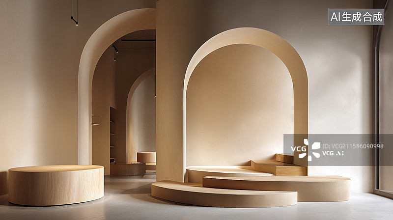 【AI数字艺术】米色极简拱形展厅图片素材