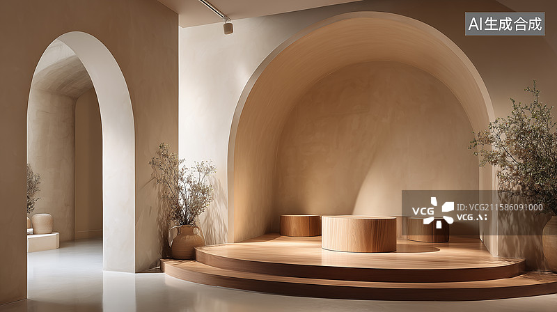 【AI数字艺术】米色极简拱形展厅图片素材