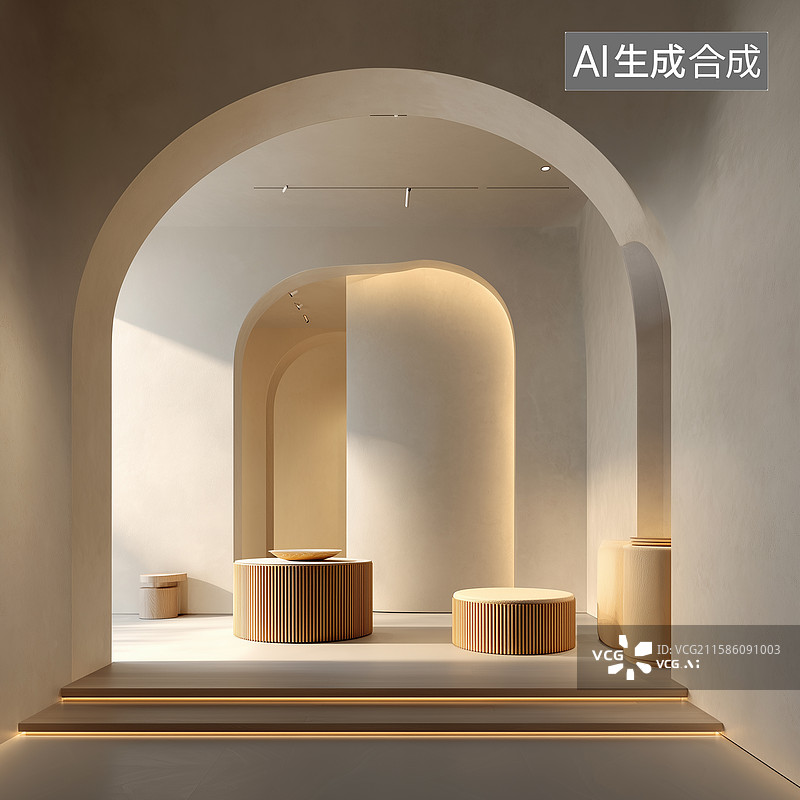 【AI数字艺术】米色极简拱形展厅图片素材