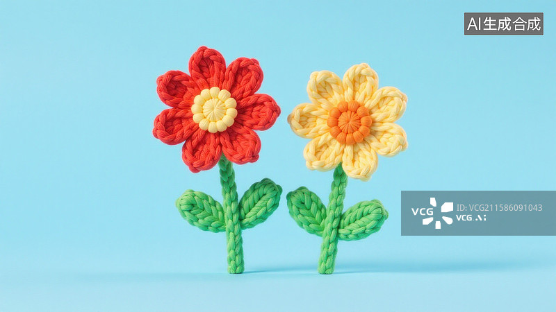 【AI数字艺术】两朵色彩鲜艳的手工钩针花朵图片素材