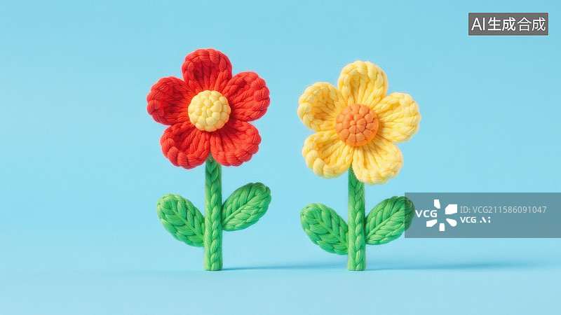 【AI数字艺术】两朵色彩鲜艳的手工钩针花朵图片素材