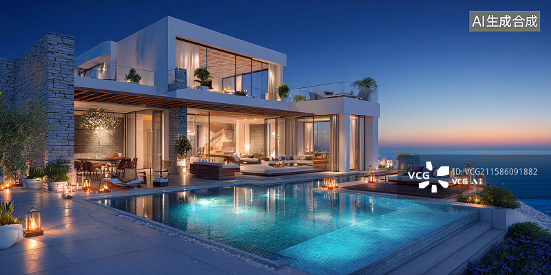 【AI数字艺术】现代豪华海景别墅黄昏泳池图片素材