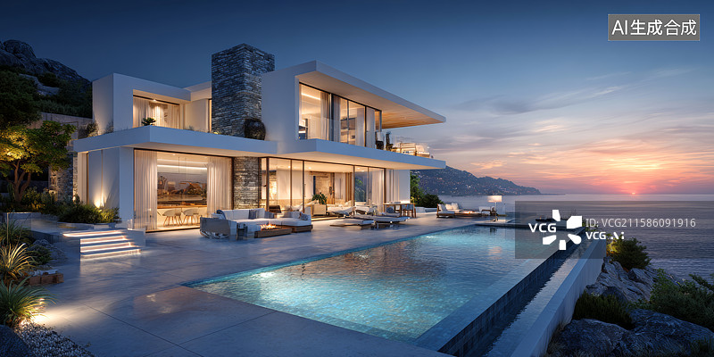 【AI数字艺术】现代豪华海景别墅黄昏泳池图片素材