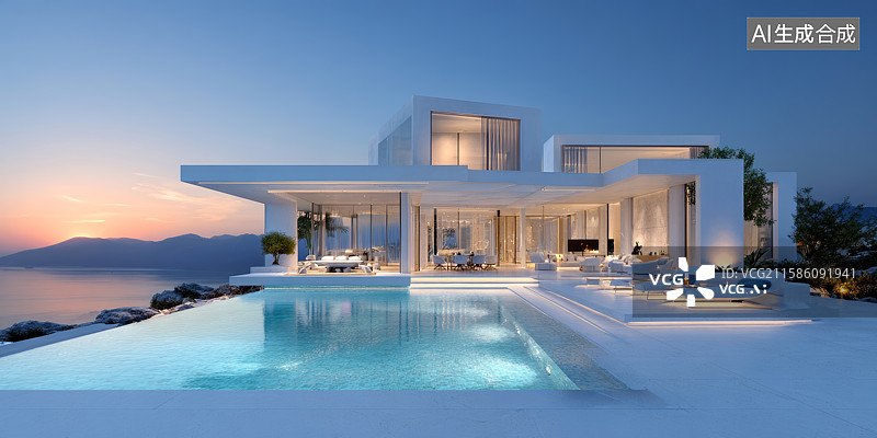 【AI数字艺术】现代豪华海景别墅黄昏泳池图片素材