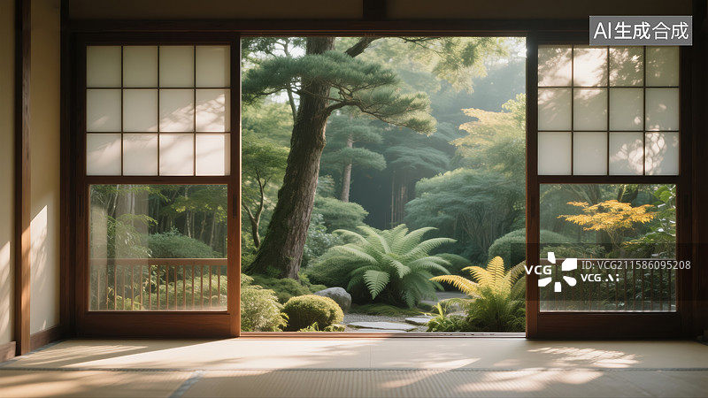 【AI数字艺术】日式庭院透过纸窗的自然美景图片素材
