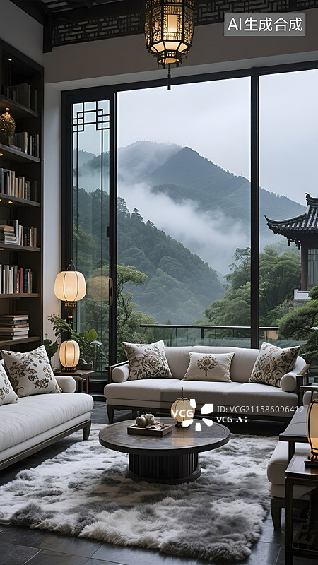【AI数字艺术】中式风格的客厅与窗外山景图片素材