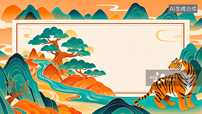 【AI数字艺术】老虎山水插画图片素材