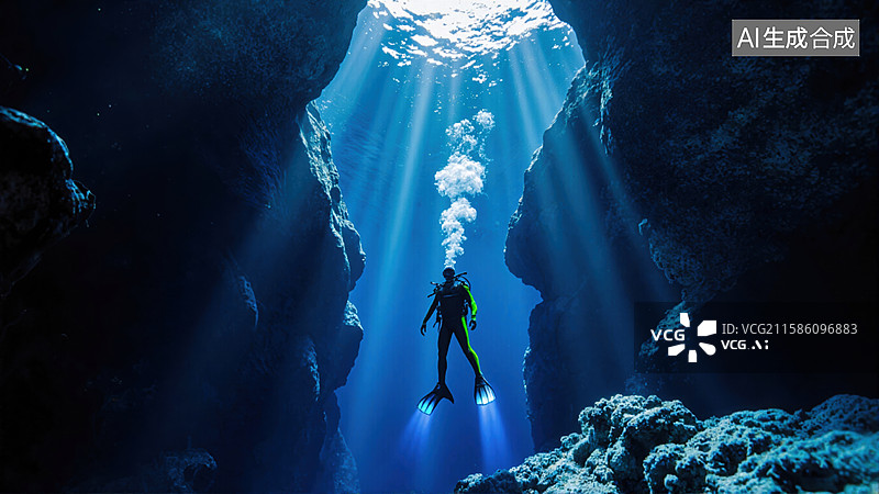 【AI数字艺术】潜水探索海底洞穴图片素材