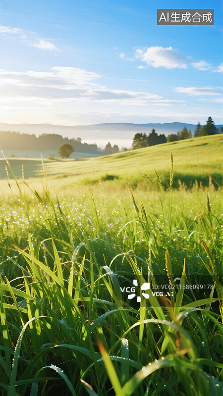 【AI数字艺术】晨曦绿野：金色阳光下的无垠草地图片素材