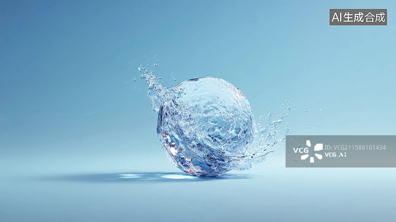 【AI数字艺术】水球溅落浅蓝色表面图片素材