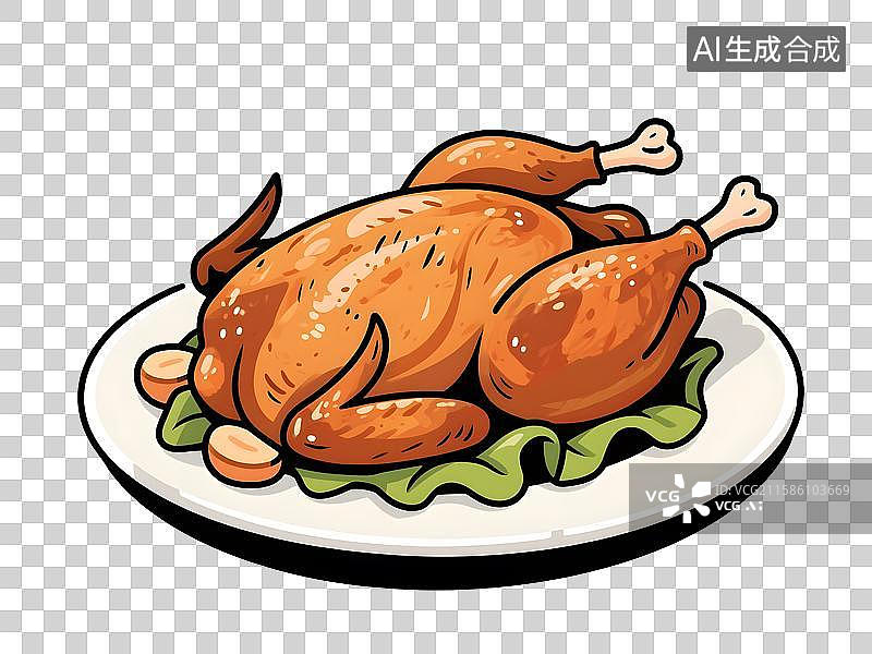 【AI数字艺术】漫画风一盘烤鸡插画免扣元素图片素材