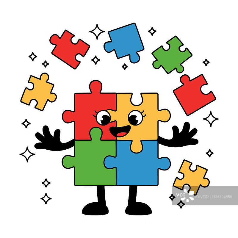快乐的拼图角色与漂浮的拼块图片素材
