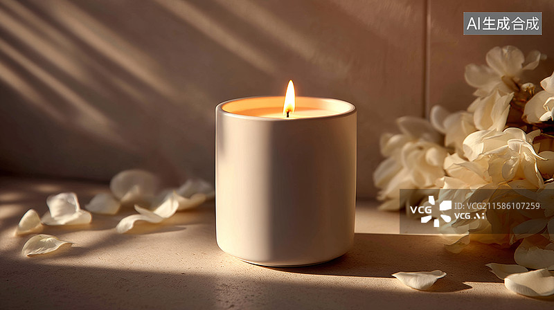 【AI数字艺术】香薰蜡烛和白色花图片素材