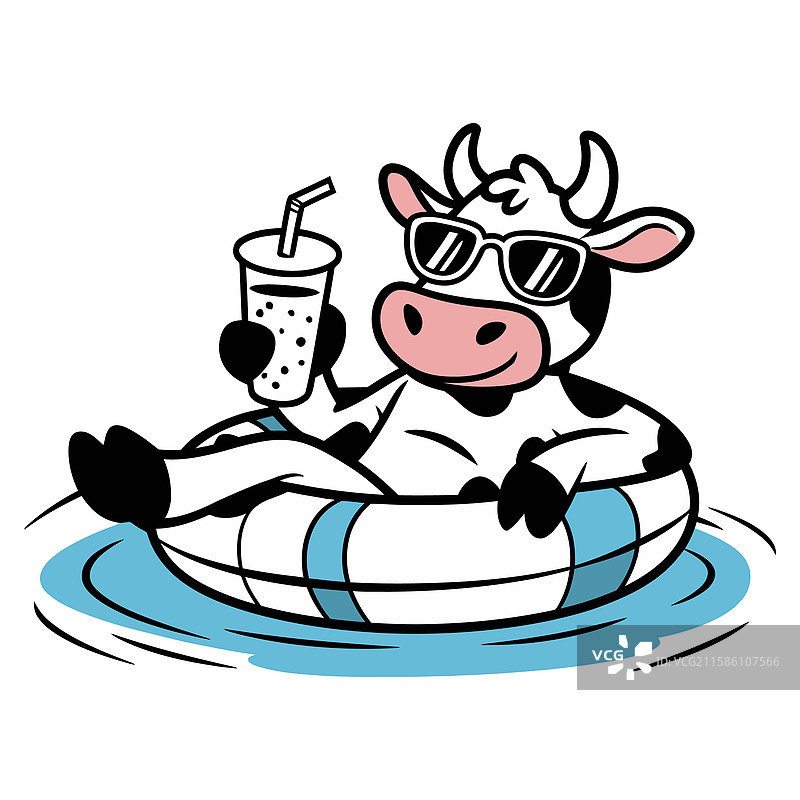 放松的酷牛在充气泳池浮具上图片素材