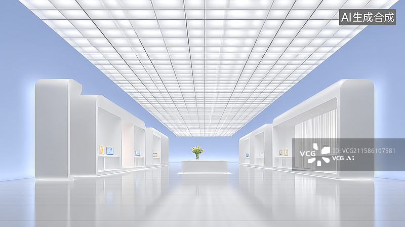 【AI数字艺术】明亮的展厅两侧设有展台图片素材