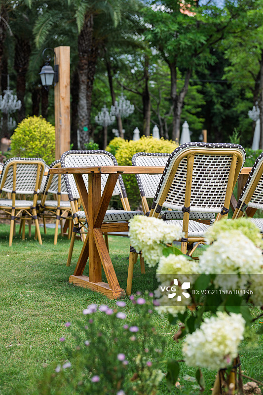 花园中的优雅户外餐桌椅图片素材