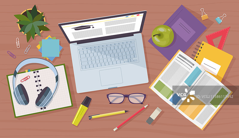 办公桌面俯视图，学生在线学习图片素材