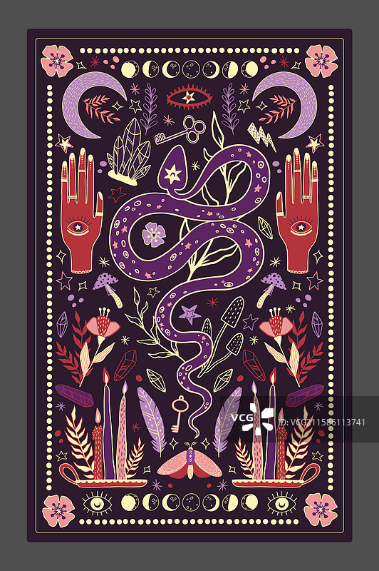 波西米亚风格塔罗牌封面竖幅横幅或海报印刷图片素材