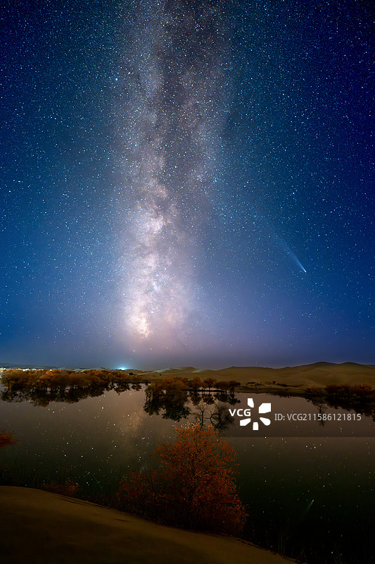 银河与阿特拉斯彗星在沙漠湖泊中的倒影图片素材
