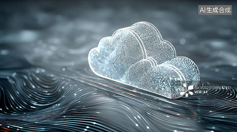 【AI数字艺术】数字化云朵悬浮于波纹之上图片素材