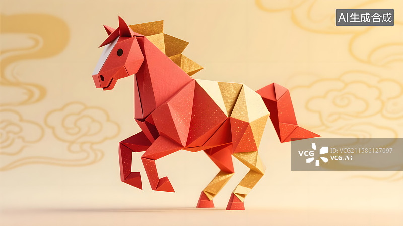 【AI数字艺术】马年春节主题——骏马奔腾纸艺  折纸艺术马到成功图片素材