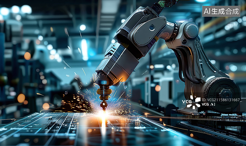 【AI数字艺术】工业机器人机械臂于智能工厂精准作业，借科技之力在金属加工中迸发火花图片素材