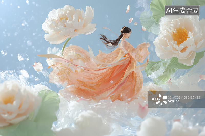 【AI数字艺术】红衣女子花海起舞飘逸古风图图片素材