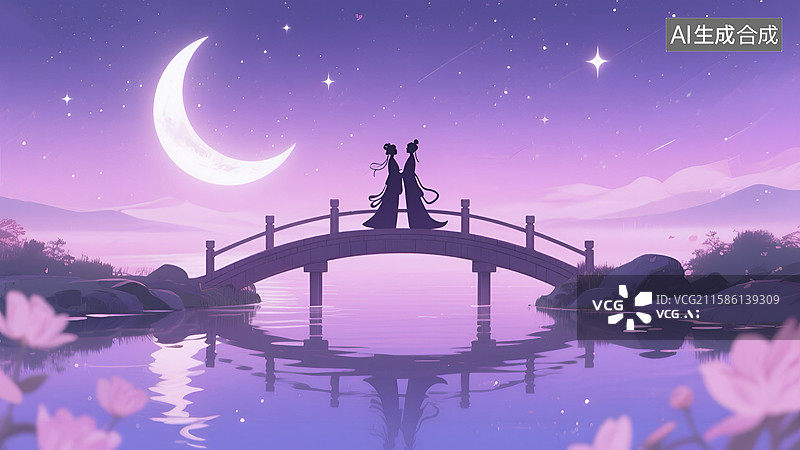 【AI数字艺术】七夕夜鹊桥上牛郎织女相会的剪影图片素材