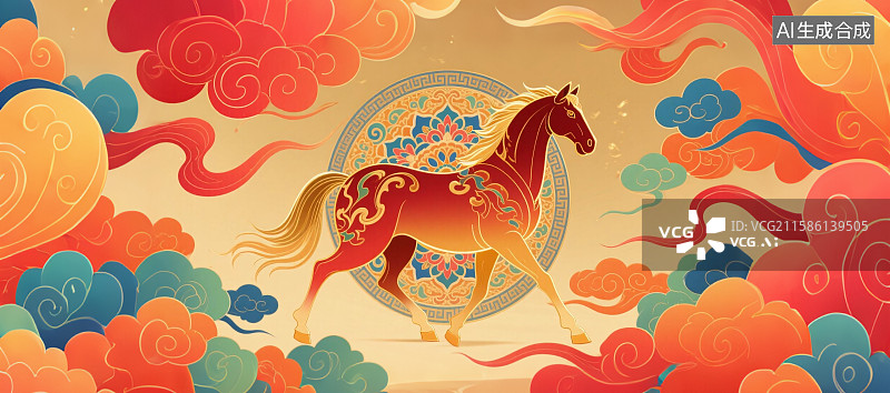【AI数字艺术】国潮风格骏马绘画，国风十二生肖图片素材