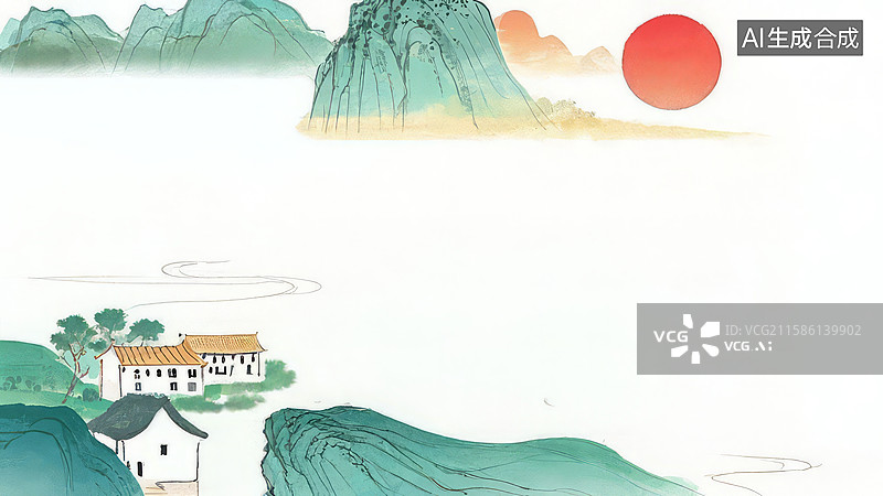 【AI数字艺术】水墨画环绕-水墨画背景壁纸-山水人家，夕阳西下图片素材