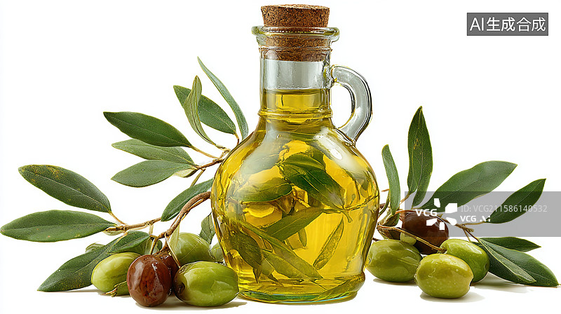 【AI数字艺术】橄榄油瓶与新鲜橄榄枝图片素材