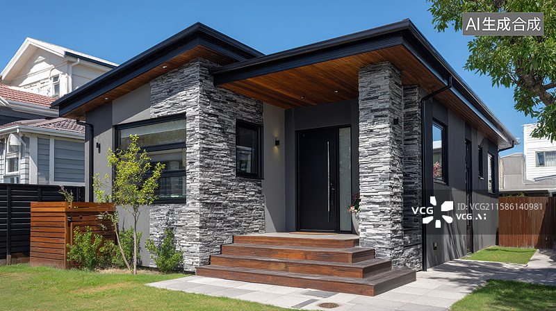 【AI数字艺术】现代石砌外墙住宅图片素材