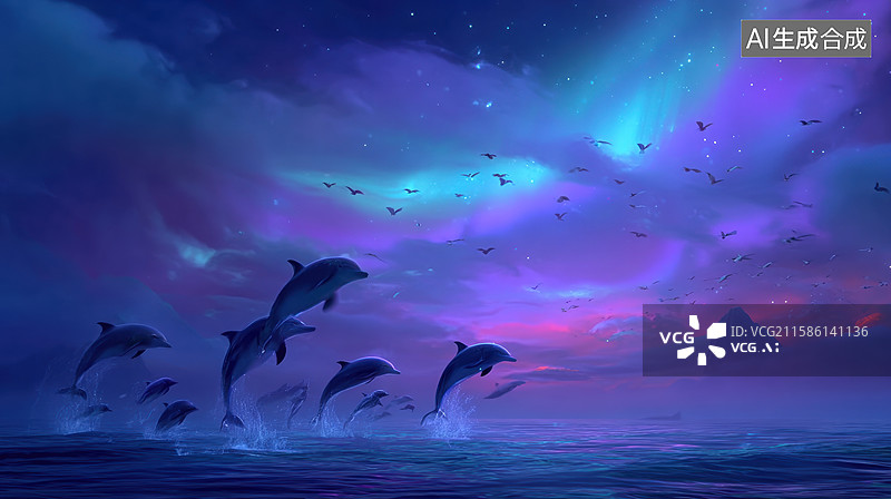 【AI数字艺术】海豚跃出水面，夜空极光绚丽图片素材