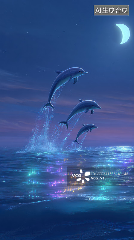 【AI数字艺术】月夜跃海的海豚图片素材