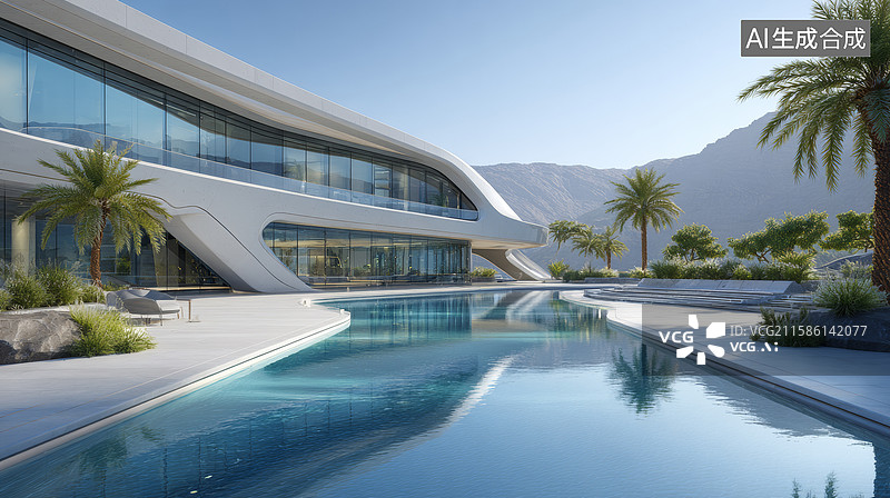 【AI数字艺术】现代建筑豪宅与无边泳池图片素材